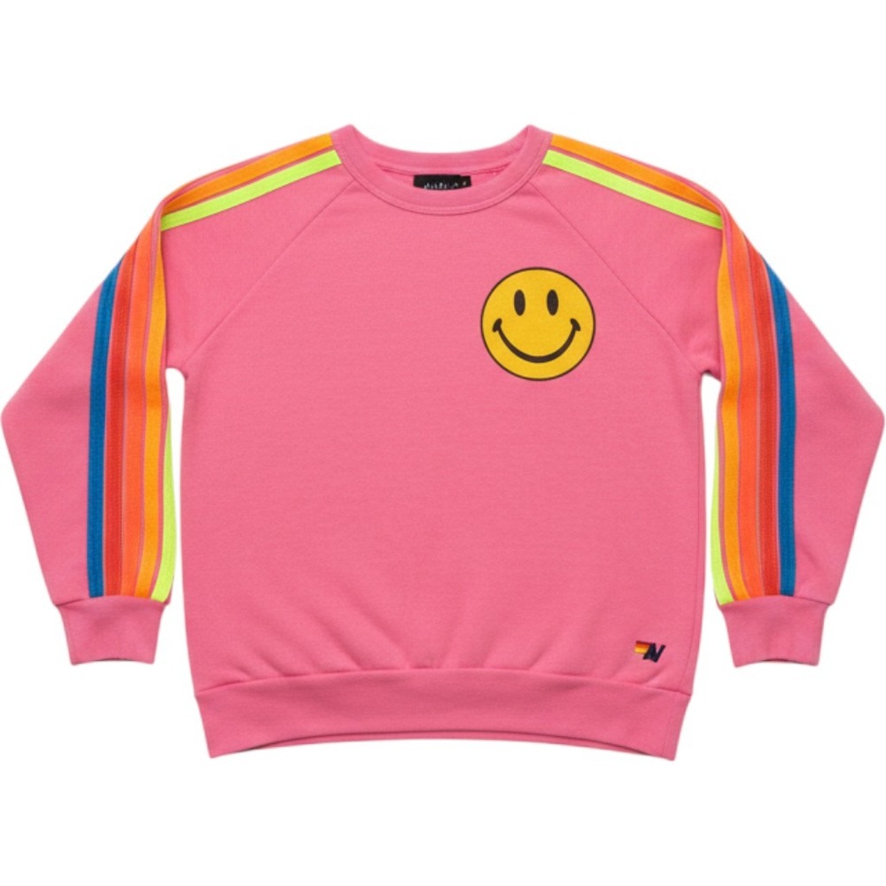 Aviator Nation Pink Smiley Face Rainbow Stripe Crewneck Sweatshirt Kids Size 14